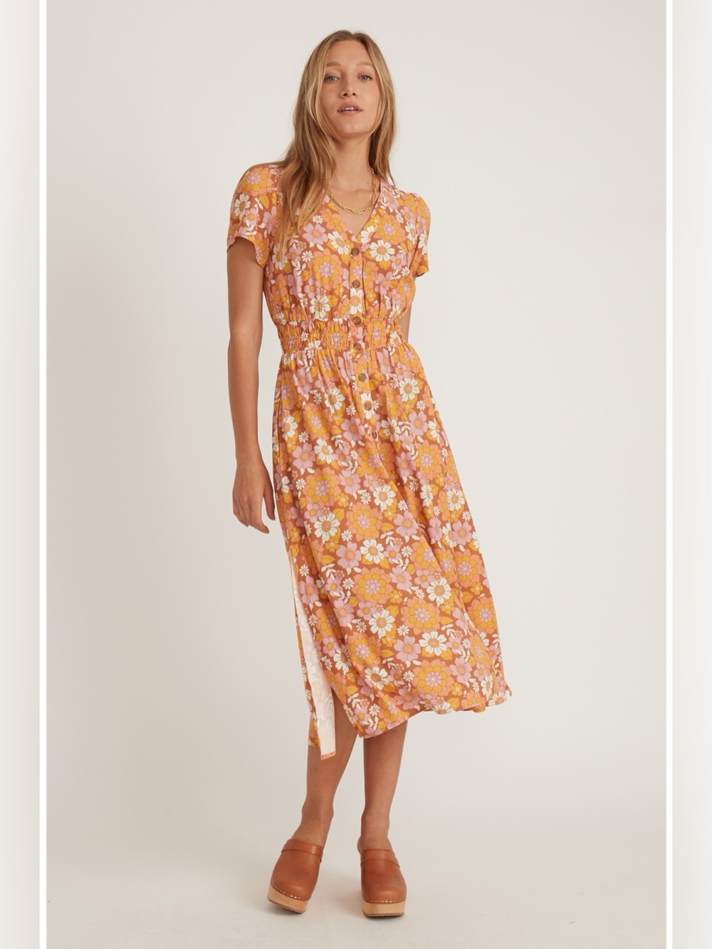 Marine Layer Floral Midi Dress in Mustard and Pink